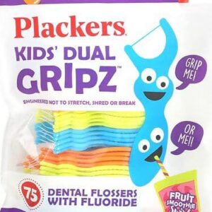 Plackers – Kids’ Dual Gripz – 75 Dental Flossers With Fluoride – Fruit Smoothie Swirl
