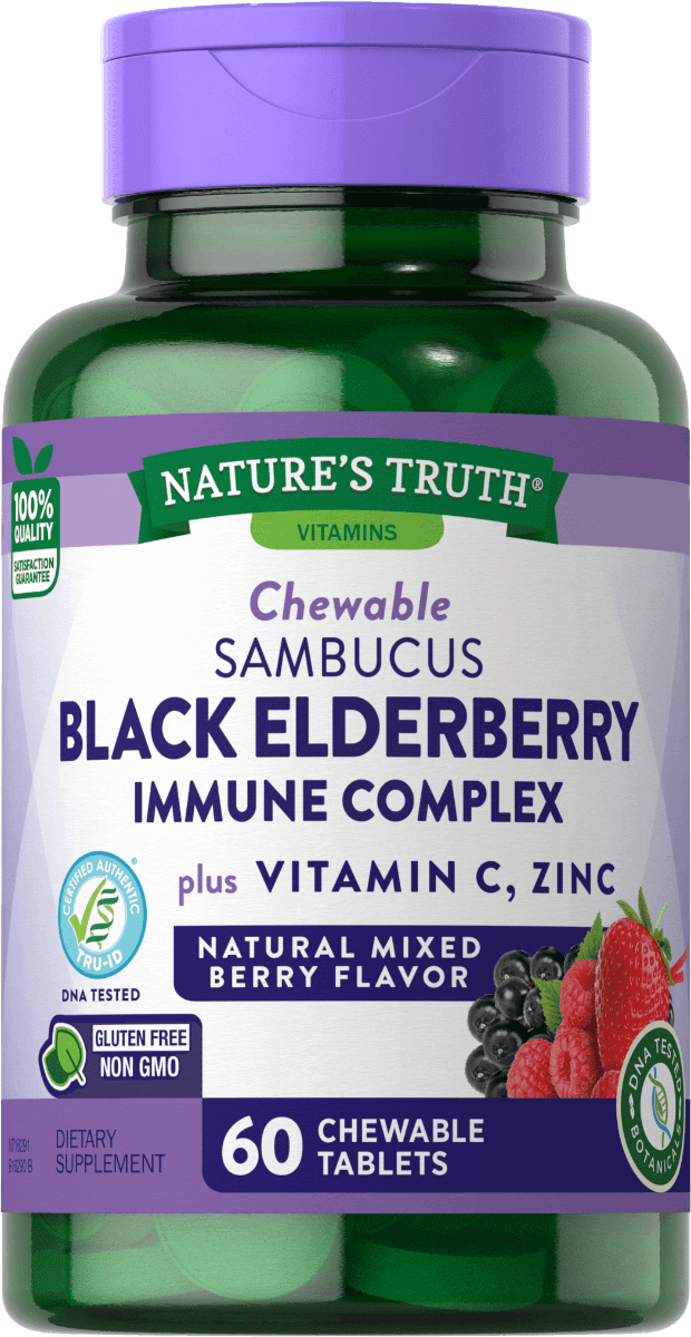 Nature’s Truth – Sambucus Black Elderberry Immune Complex Plus Vitamin C, Zinc Chewable Tablets – Natural Mixed Berry Flavor – 60 Ct